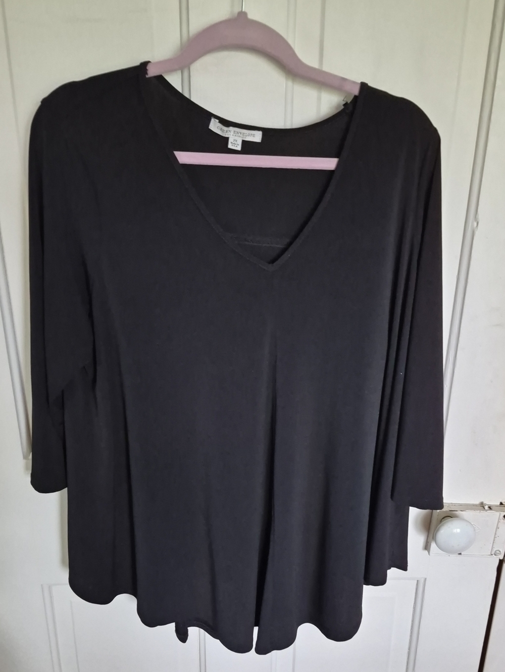 Green Envelope Black V-Neck Flowing Blouse